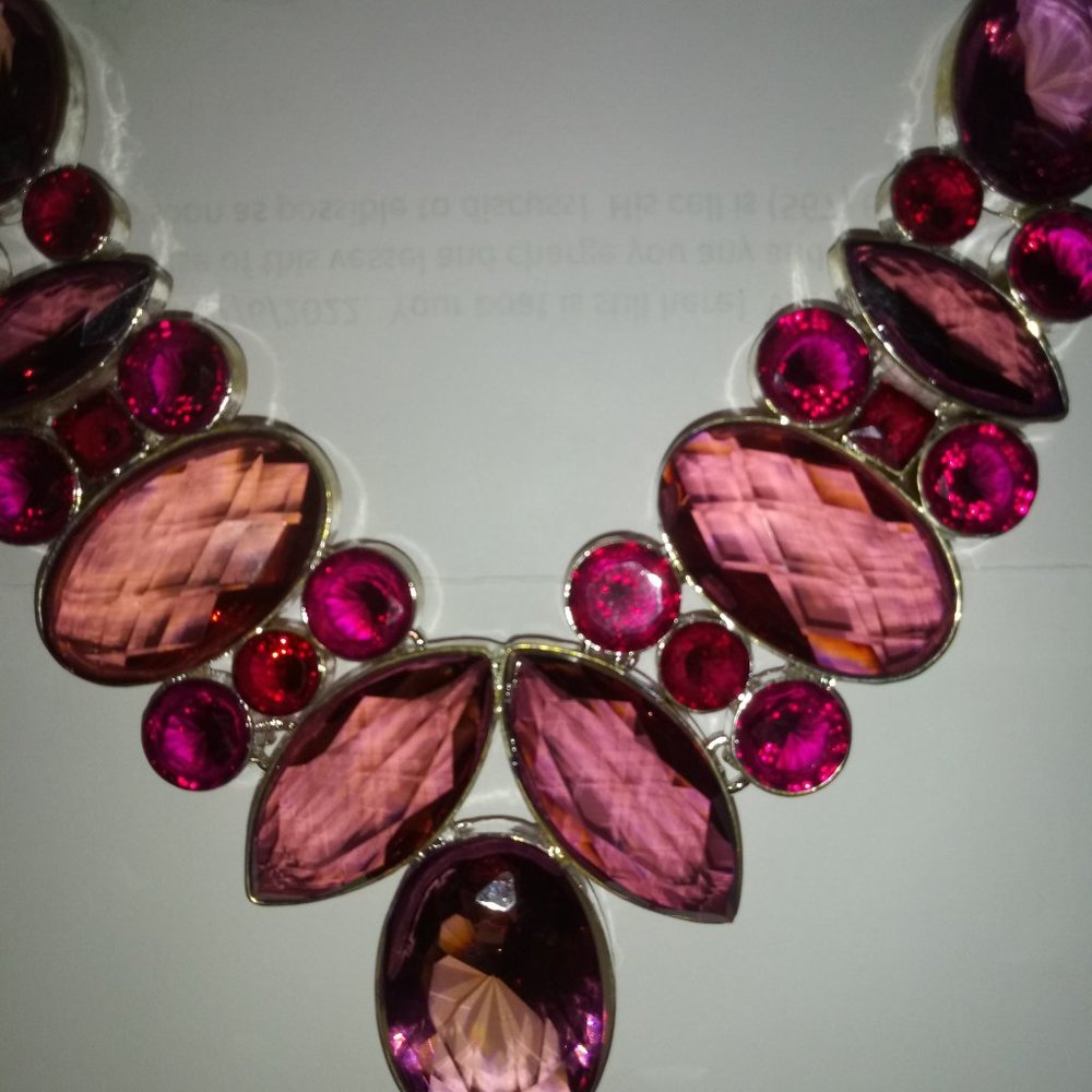 Faceted Glass Fancy Links Chain Purple Fushia Statement Necklace